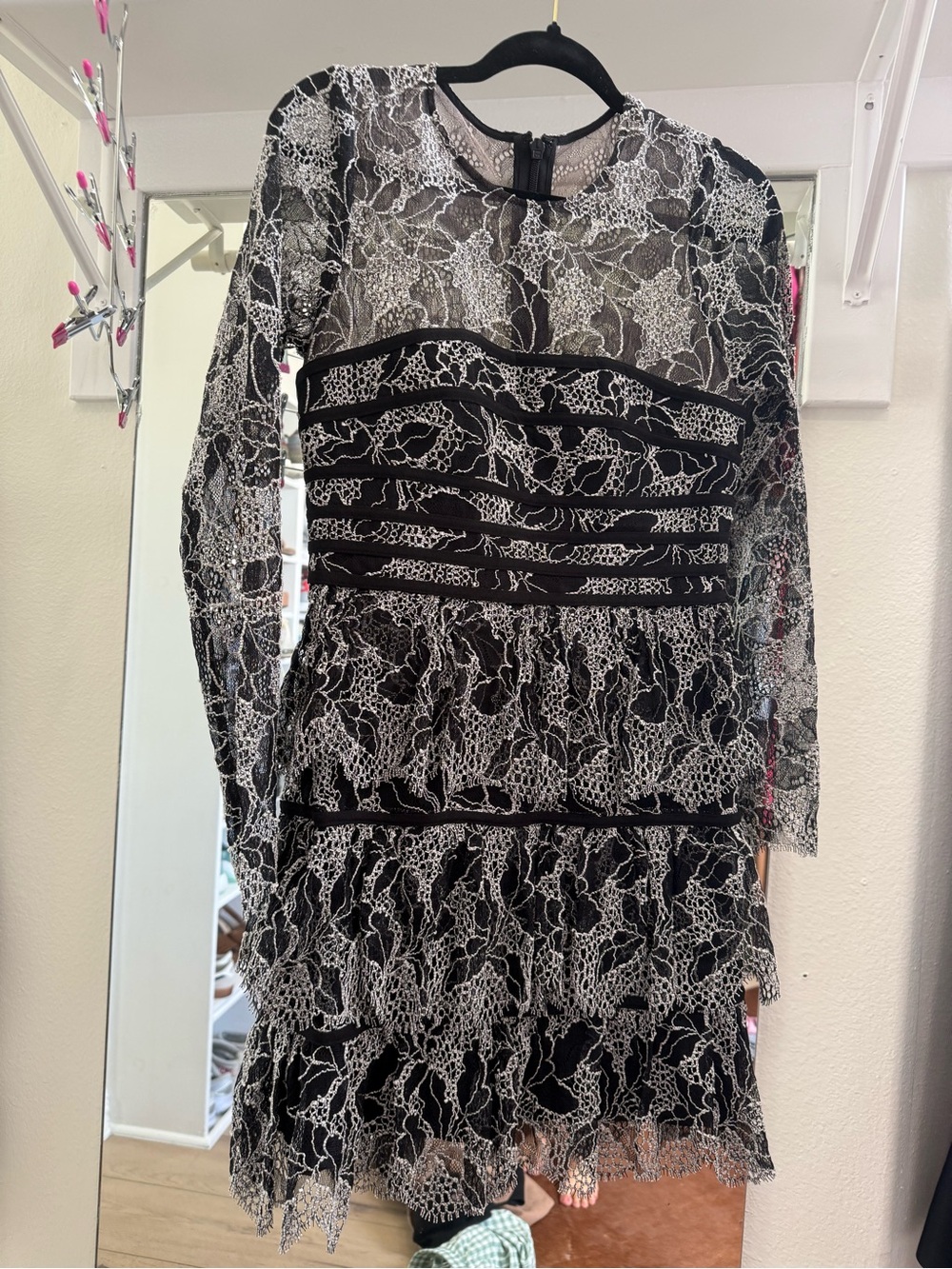 Halston Heritage Black and White Lace Long-Sleeve Tiered Dress